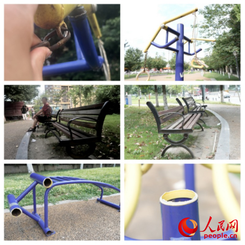 高筒社区损坏的体育器材和座椅。人民网记者 李平摄